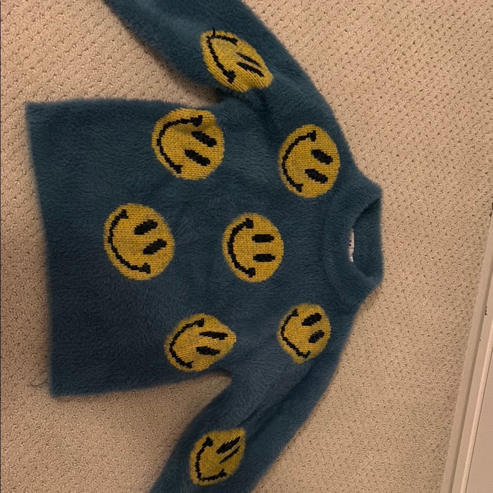 Kids Fuzzy Teal Sweater with Yellow Smiley Faces